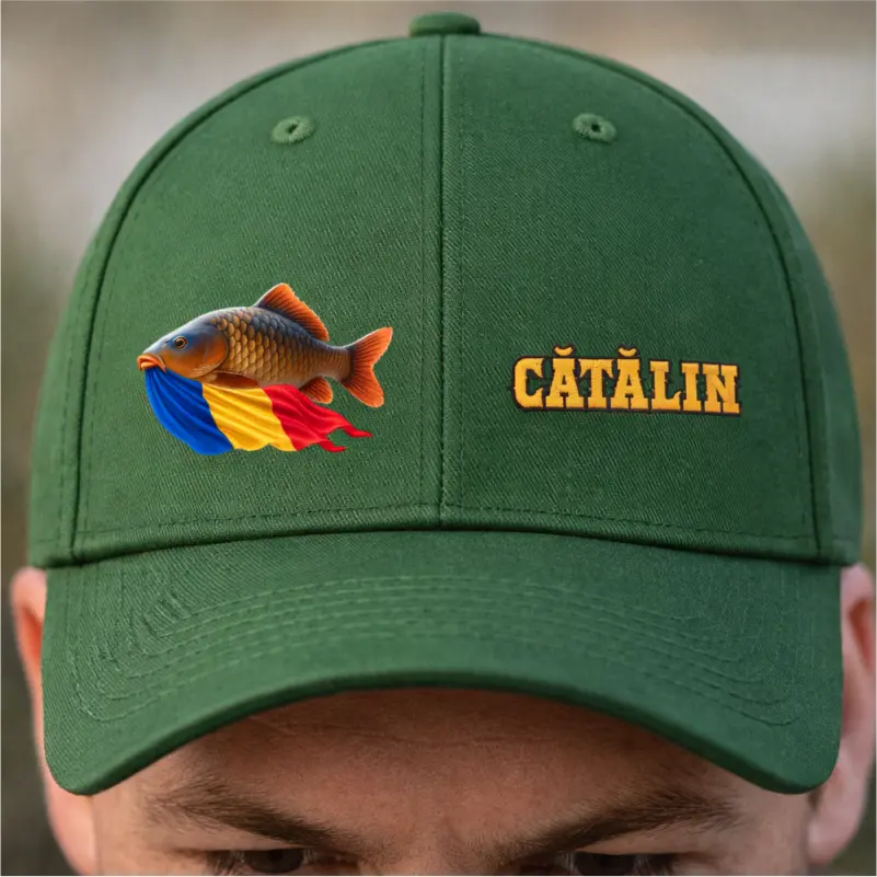 Cadouri pentru pescari - Sapca-verde-personalizata-pentru-pescari-Model-tricolor