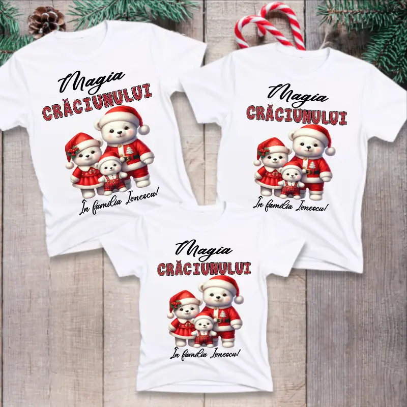 Articole de Craciun - set-3-tricouri-personalizate-magia-craciunului-cu-numele-familiei-model-baietel