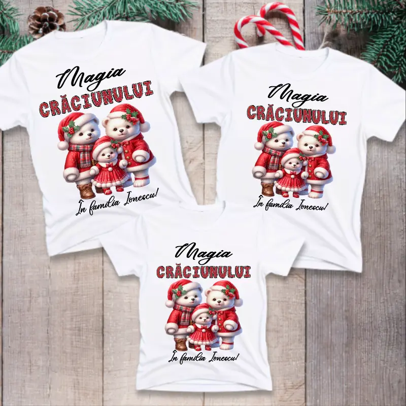 Articole de Craciun - set-3-tricouri-personalizate-magia-craciunului-cu-numele-familiei-model-fetita