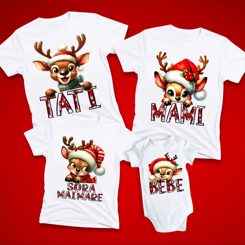 Cadouri de Craciun - Set-de-tricouri-pentru-Craciun-mama-tata-sora-mai-mare-si-bebe-personalizate-cu-grafica-Reni-1