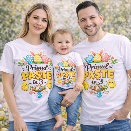 Set-de-tricouri-pentru-Paste model-Primul-Paste-in-3-iepurasi-colorati-1
