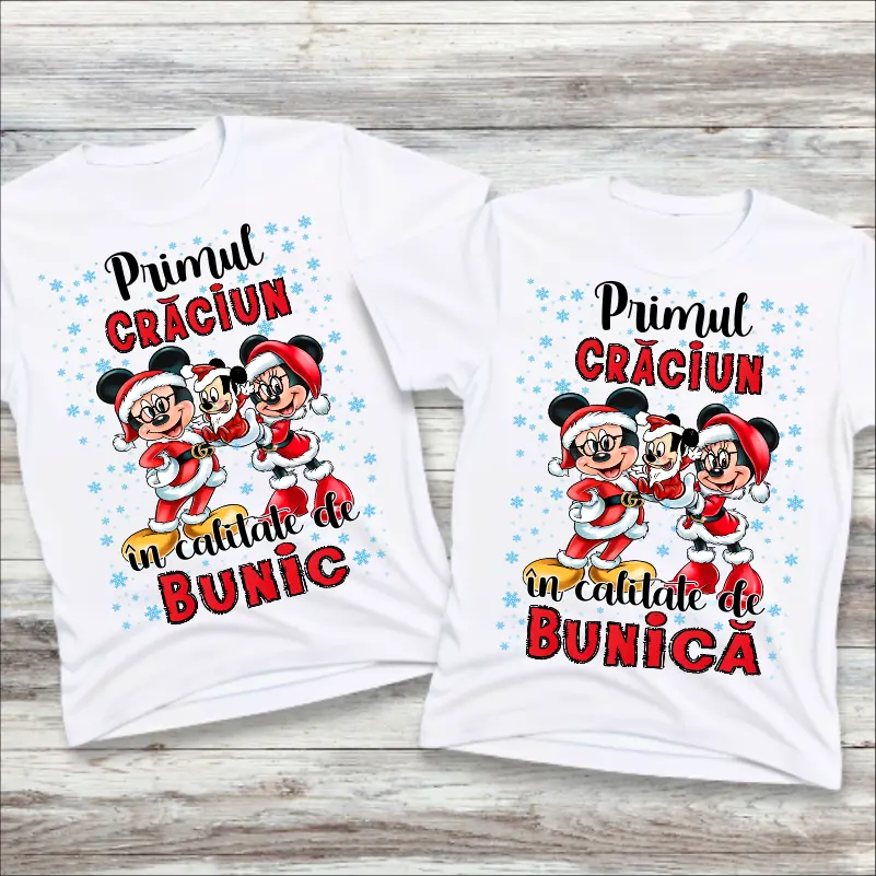 Articole de Craciun - set-de-tricouri-personalizate-model-mickey-primul-craciun-in-calitate-de-bunic-bunica