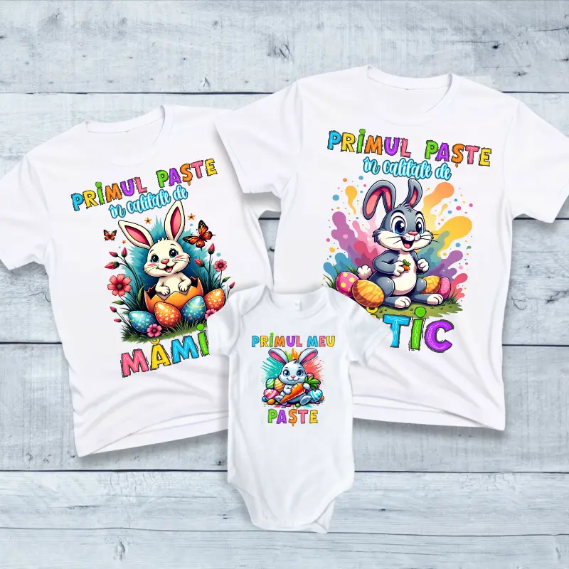 Cadouri de Paște - Set-de-tricouri-personalizate-model-Primul-Paste-in-calitate-de-tatic-mamica-bebe-1