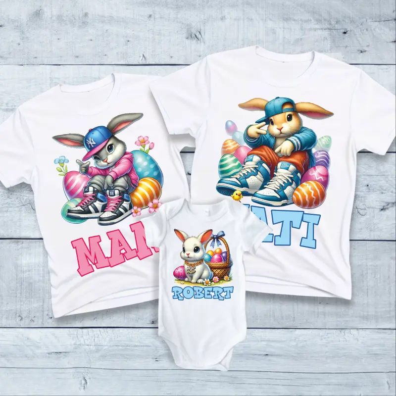 Tricouri Paste Familie - Set-de-tricouri-personalizate-pentru-Paste-mami-tati-si-bebe-model-Iepurasi-cool-1