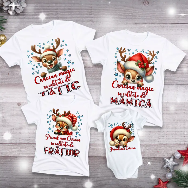 Articole de Craciun - set-de-tricouri-primul-craciun-in-calitate-de-tatic-mamica-frate-si-bebe-model-reni