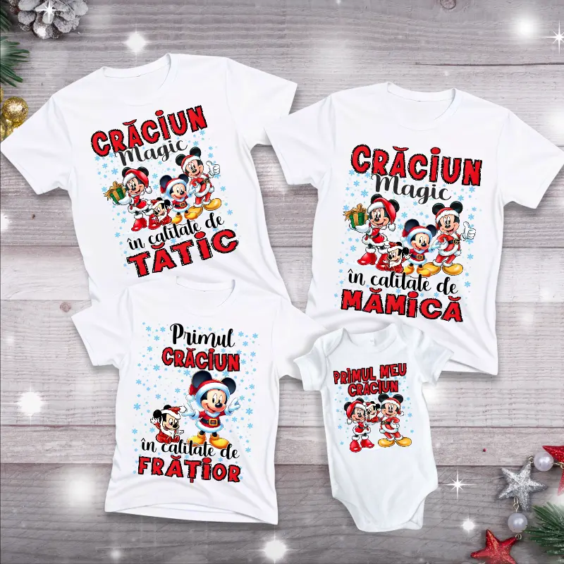 Articole de Craciun - set-de-tricouri-primul-craciun-in-calitate-de-tatic-mamica-fratior-si-bebe-model-mickey