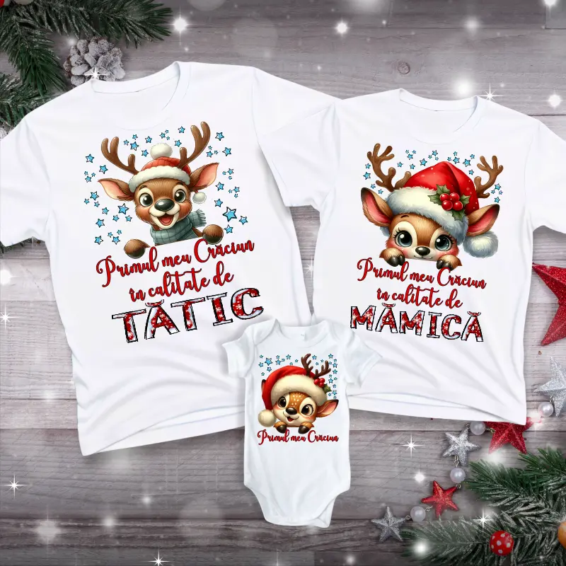 Set Craciun familie - Set-de-tricouri-Primul-Craciun-in-calitate-de-tatic-mamica-si-bebe-model-reni-1
