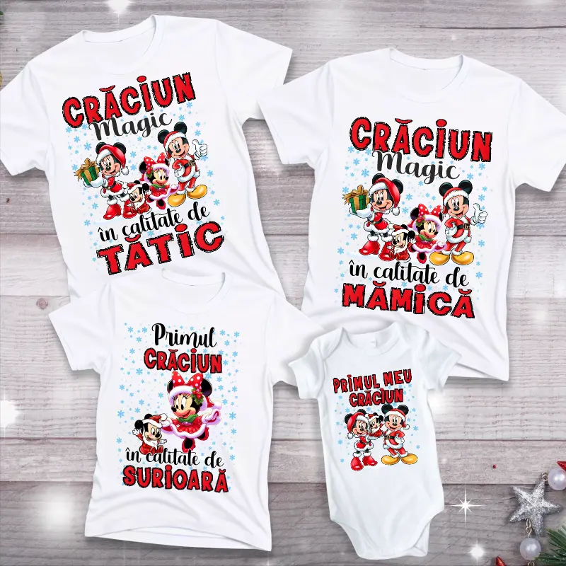 Articole de Craciun - set-de-tricouri-primul-craciun-in-calitate-de-tatic-mamica-surioara-si-bebe-model-mickey