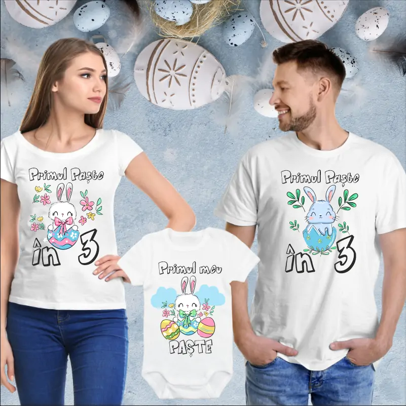 Tricouri Paste Familie - Set-de-tricouri-Primul-Paste-in-trei-model-Iepurasi-simpatici-1