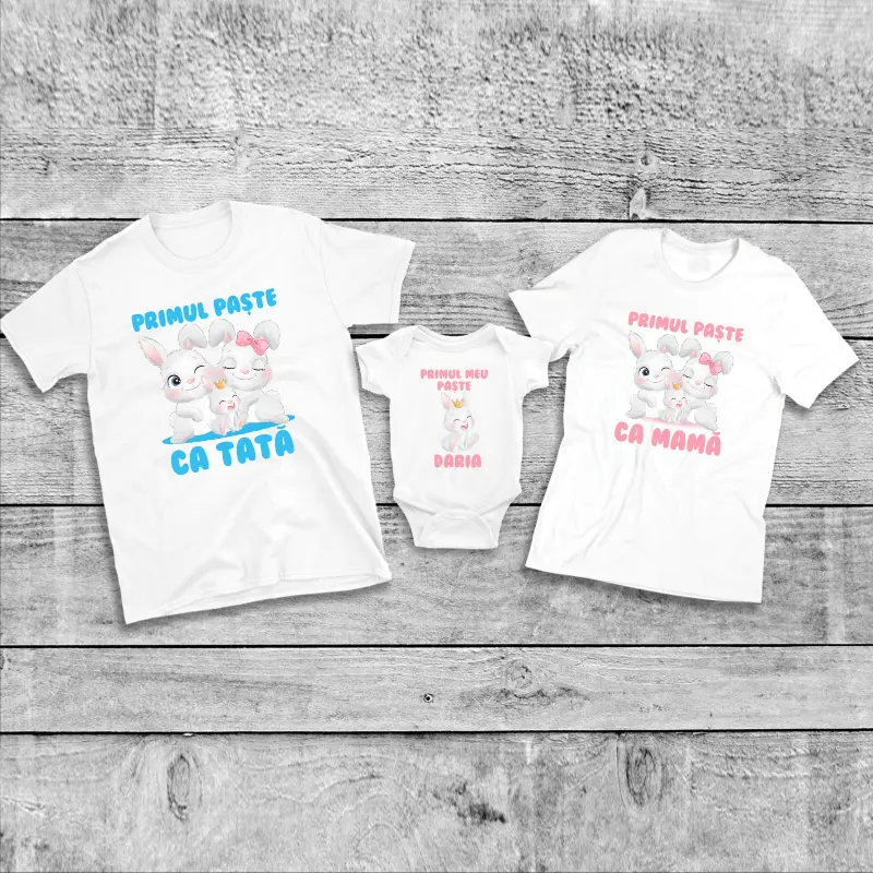 Tricouri Paste Familie - Set tricouri personalizate pentru mama, tata si bebe "Primul meu Paste"
