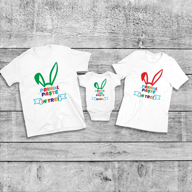 Set tricouri personalizate pentru mama, tata si bebe "Primul nostru Paste in trei" [0]