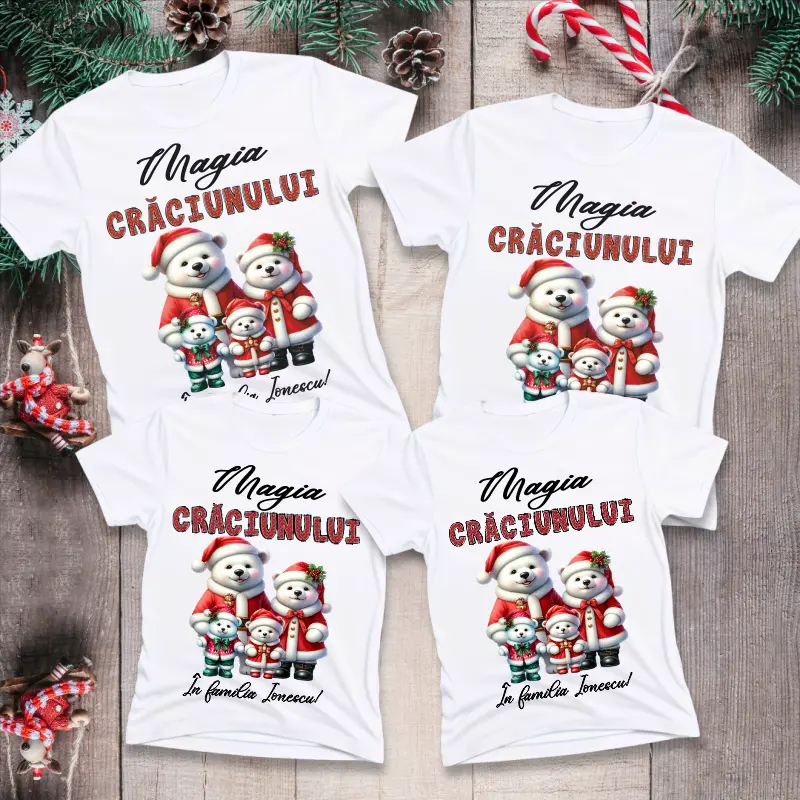 Articole de Craciun - set-4-tricouri-personalizate-magia-craciunului-cu-numele-familiei