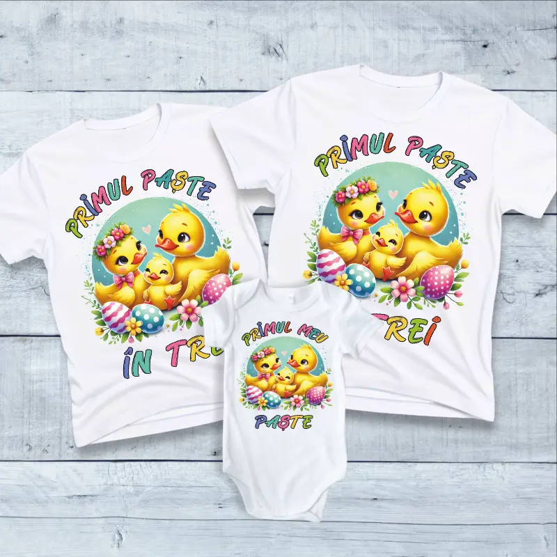 Tricouri Paste Familie - Set tricouri personalizate pentru mama, tata si bebe "Primul nostru Paste in trei" (iepurasi si puisor)