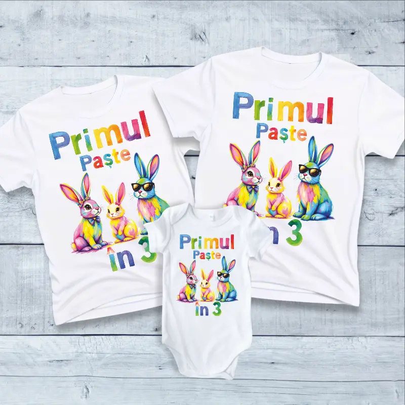 Tricouri Paste Familie - Set-Tricouri-Mama-Tata-si-Bebe-Primul-Paste-in-3