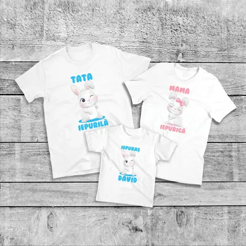 Tricouri Paste Familie - Set tricouri personalizate pentru mama, tata si copil "Tata Iepurilă, Mama Iepurică, Iepuraș David"