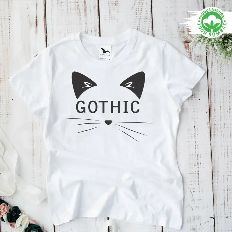 Tricou alb personalizat: "gothic" cat (damă) [3]