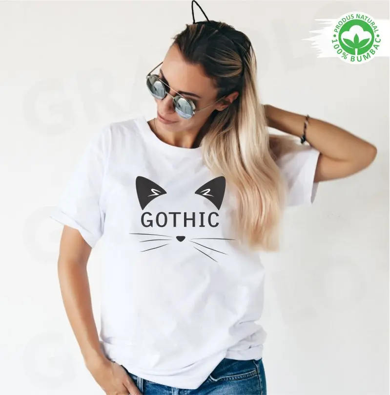 Tricou alb personalizat: "gothic" cat (damă) [2]