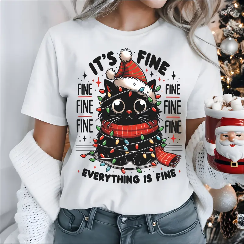 Articole de Craciun - tricou-amuzant-de-craciun-cu-pisica-everything-is-fine