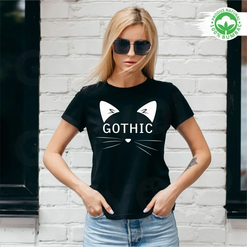 Tricou negru personalizat: "gothic" cat (damă) [1]