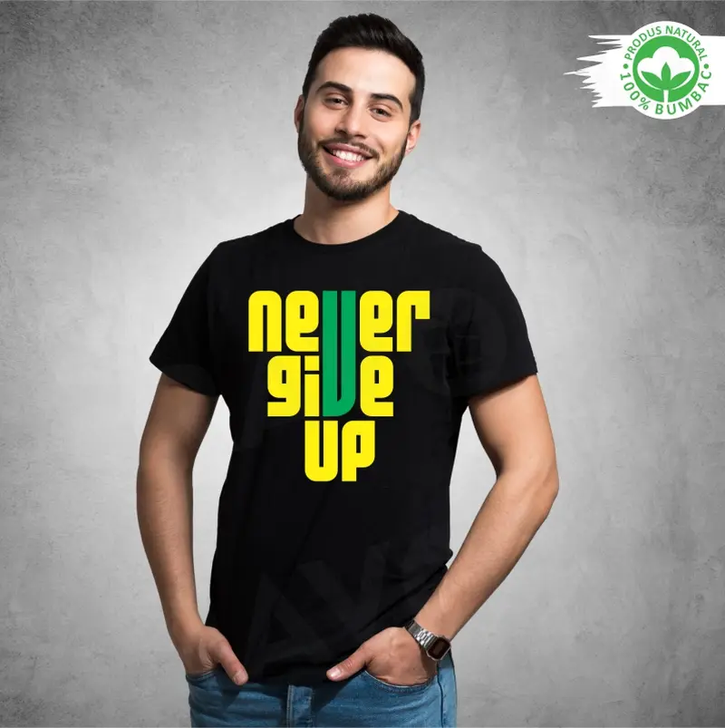 Tricou negru personalizat: "never give up" (bărbat) [0]