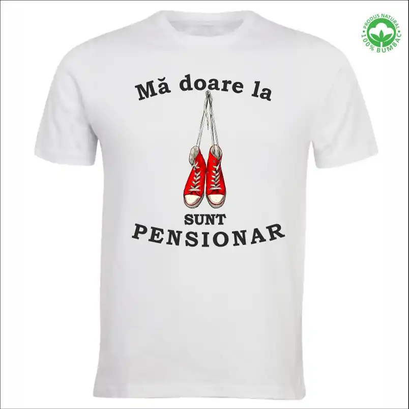 Tricou Pensionare alb, personalizat cu textul "Ma doare la tenesi, sunt pensionar" tenesi rosii vintage [1]