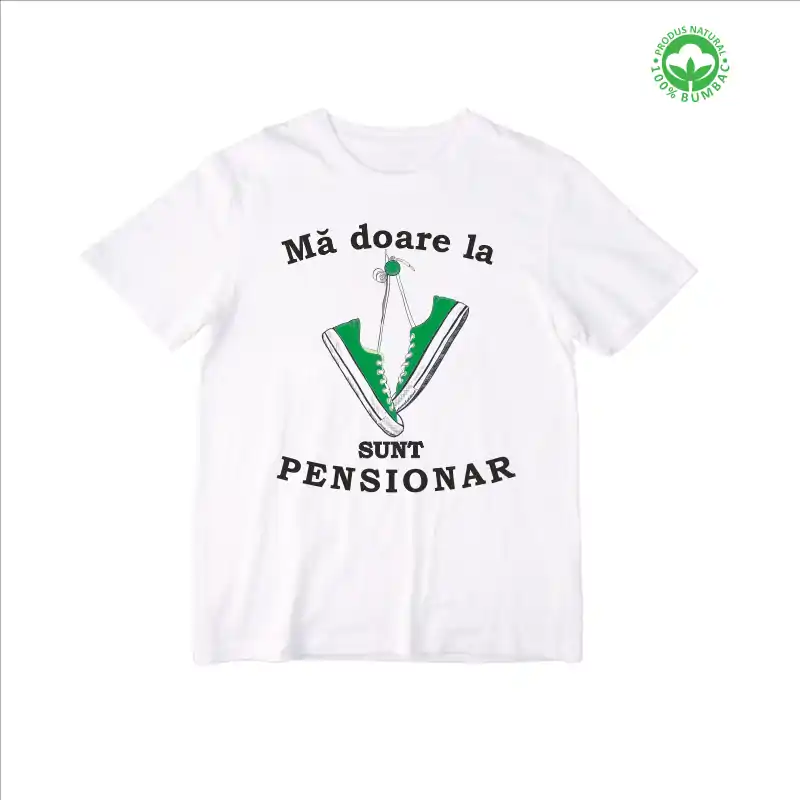 Tricou Pensionare alb, personalizat cu textul "Ma doare la tenesi, sunt pensionar" tenesi verzi [2]