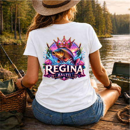 Cadouri pentru pescari - Tricou Personalizat pentru Pescărițe „Regina Bălții” cu Nume – Față și Spate