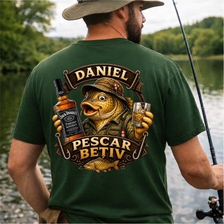 Tricouri pentru pescari - Tricou personalizat „Pescar betiv” cu nume – model funny cu crap și whisky