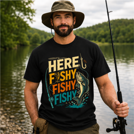 Tricouri pentru pescari - Tricou Pescar Personalizat „Here Fishy Fishy Fishy” – Cadou Amuzant pentru Pasionații de Pescuit