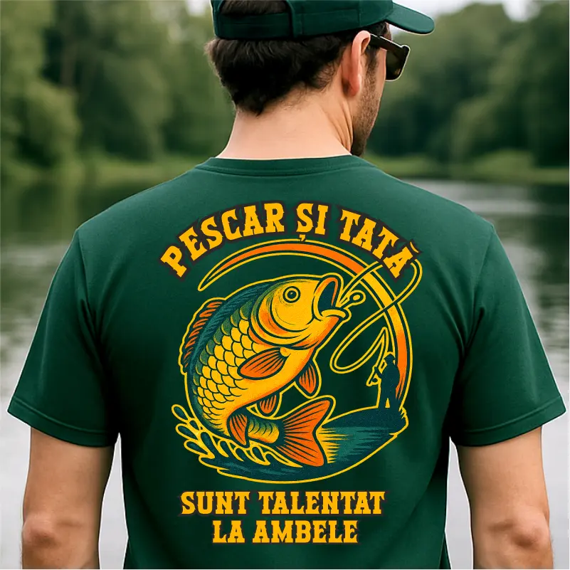 Tricouri pentru pescari - Tricou Pescar şi Tata – Sunt Talentat la Ambele, cadou haios pentru pescari şi taţi – Gravolo.ro