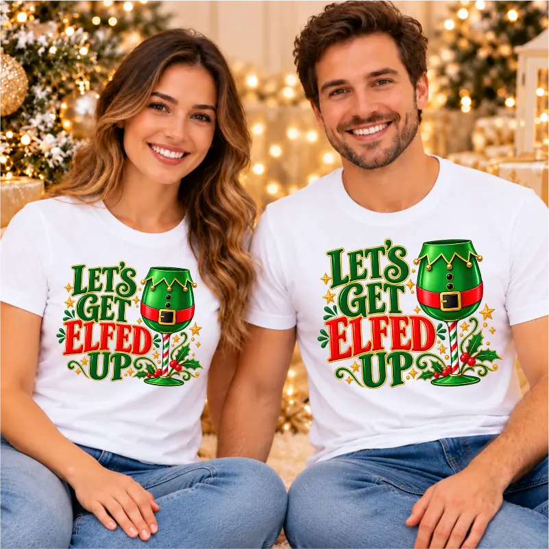 Tricouri-cuplu-set-personalizat-cu-mesajul-Let's-get-elfed-up-1