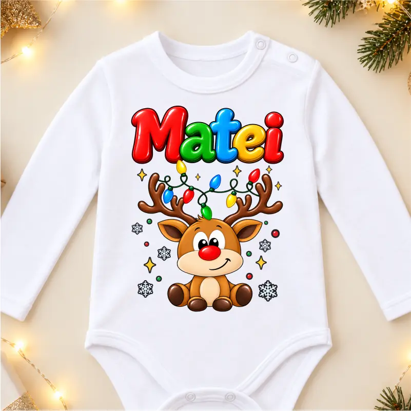 Body bebe Craciun personalizat cu nume, model Baby ren cu luminite