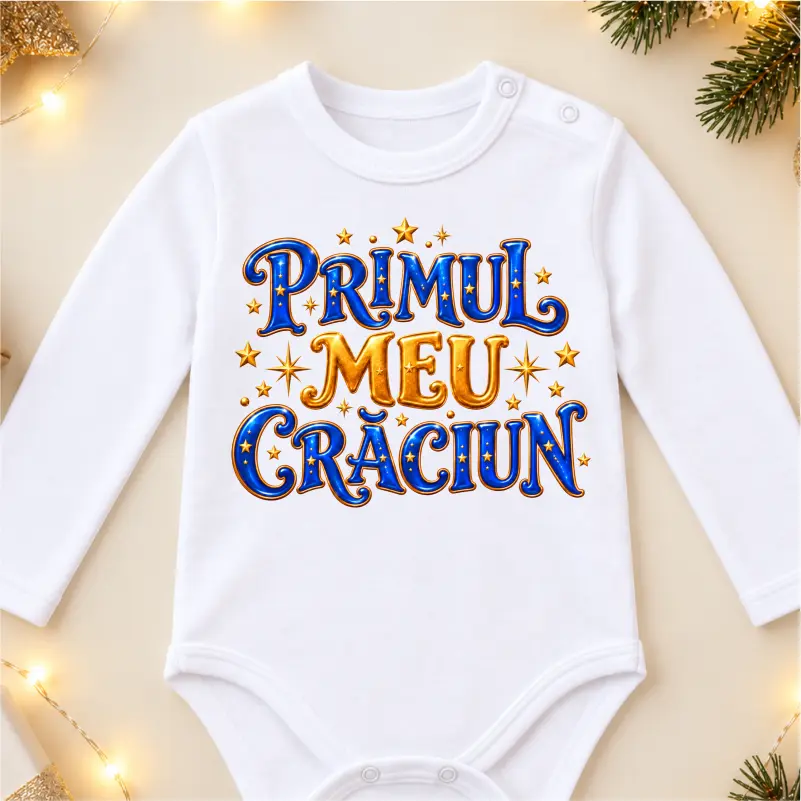 Body bebelusi personalizat pentru Craciun model Primul meu Craciun albastru auriu