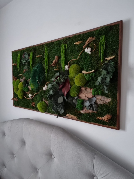Tablou vegetal cu muschi,plante stabilizate si lemn decorativ - 125x60cm [3]