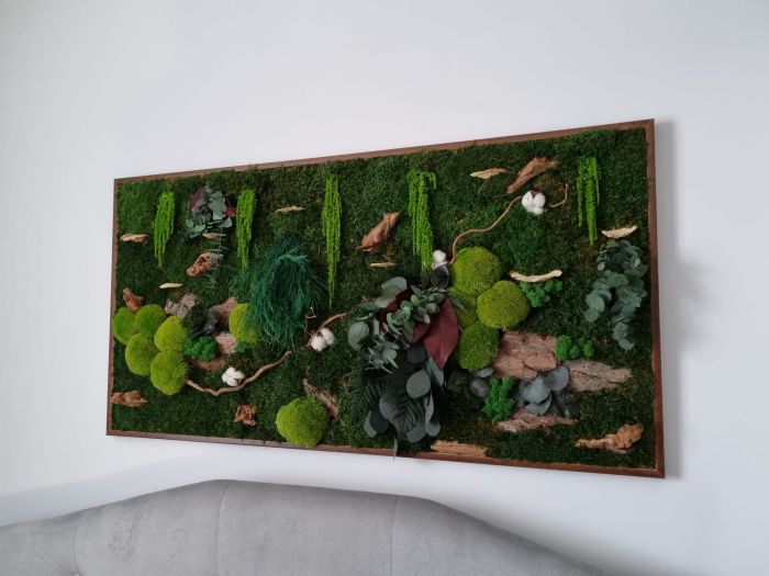 Tablou vegetal cu muschi,plante stabilizate si lemn decorativ - 125x60cm [2]
