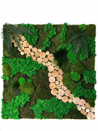 Panou decorativ cu muschi,plante stabilizate,licheni naturali si felii de lemn - 100x100 cm [1]