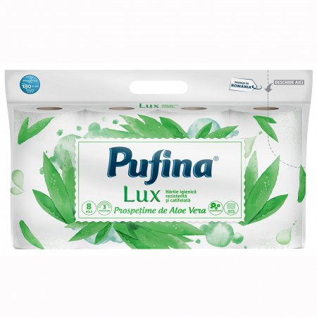 Baie & Toaleta - Hartie igienica Pufina Lux Aloe Vera, 3 straturi, 8 role