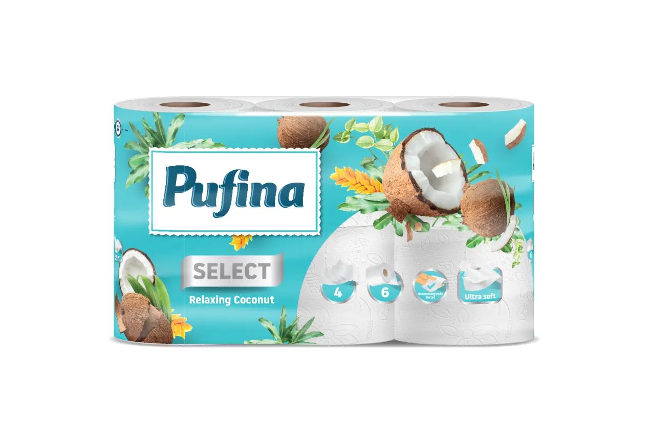 Baie & Toaleta - Hartie igienica Pufina Select Cocos, 4 straturi, 6 role