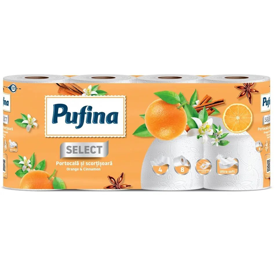 Baie & Toaleta - Hartie igienica Pufina Select Portocala si Scortisoara, 4 straturi, 8 role