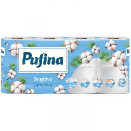 Baie & Toaleta - Hartie igienica Pufina Soft Sensitive, 3 straturi, 8 role