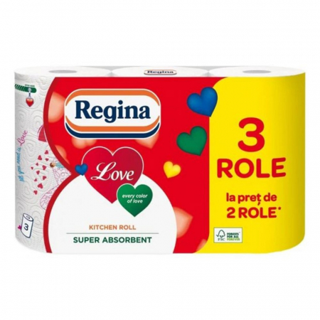 Prosoape de Hartie & Servetele - Prosop de hartie pentru bucatarie Regina Love, 3 straturi, 3 role