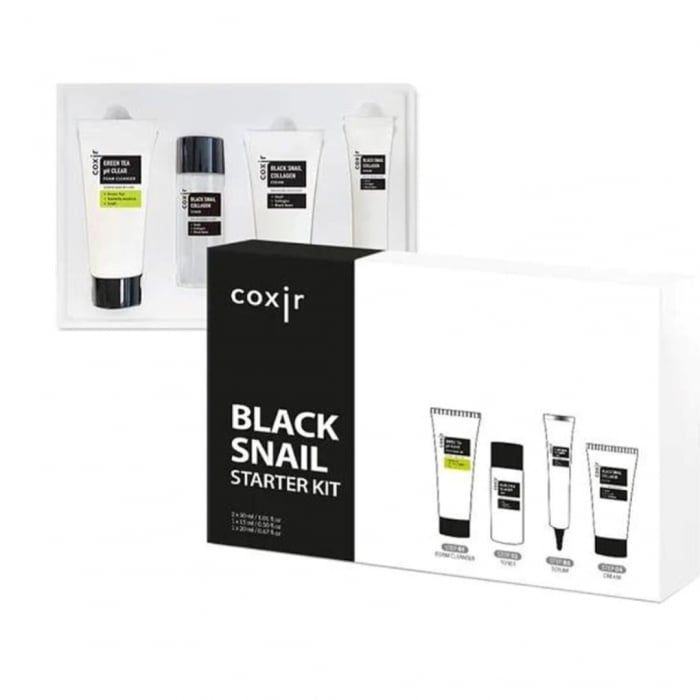 Starter kit cu 4 mini produse Coxir Black Snail Collagen Spuma curatare, Toner, Ser si Crema de fata GIFT BOX