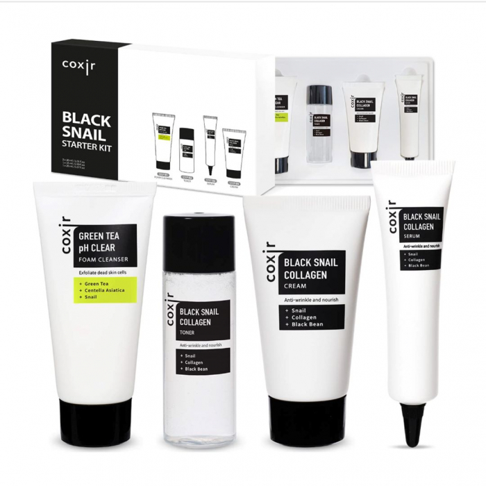 Starter kit cu 4 mini produse  Coxir Black Snail Collagen Spuma curatare, Toner, Ser si Crema de fata GIFT BOX [2]