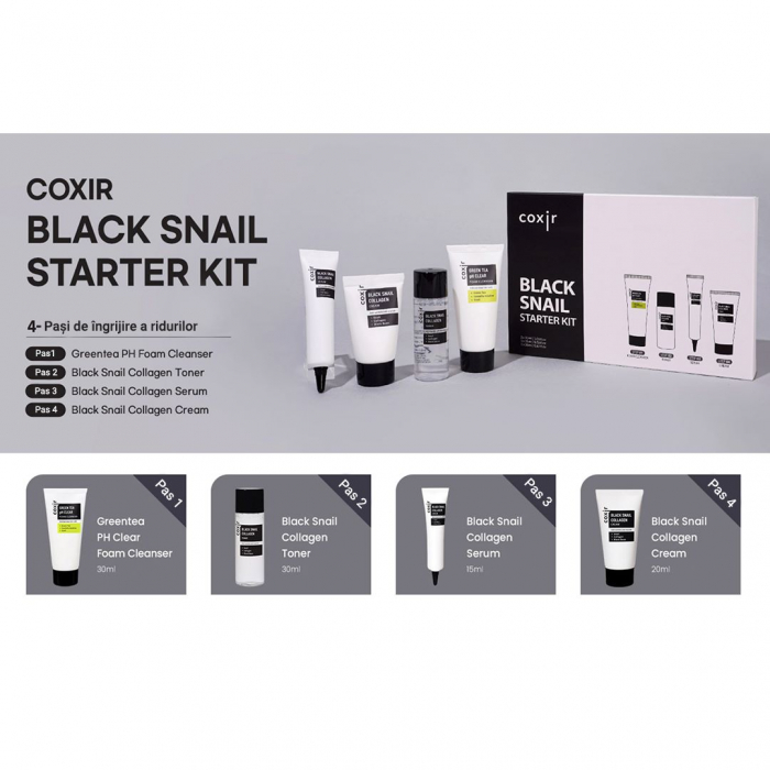 Starter kit cu 4 mini produse  Coxir Black Snail Collagen Spuma curatare, Toner, Ser si Crema de fata GIFT BOX [3]