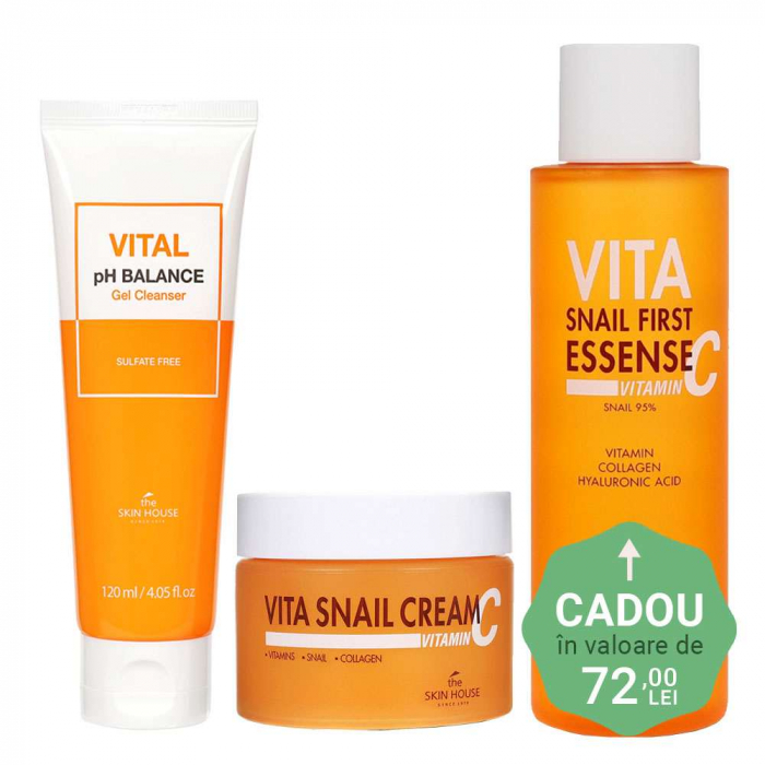 Set antirid cu efect de luminozitate in 3 pasi The Skin House Vita Snail Gel curatare, Crema fata si Toner-Ser CADOU