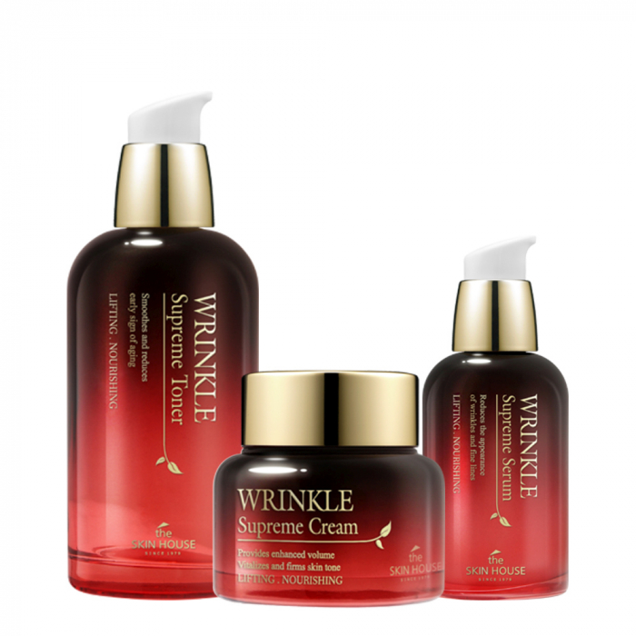 Set antirid cu ginseng in 3 pasi the skin house wrinkle supreme toner, ser de fata si crema pentru fata