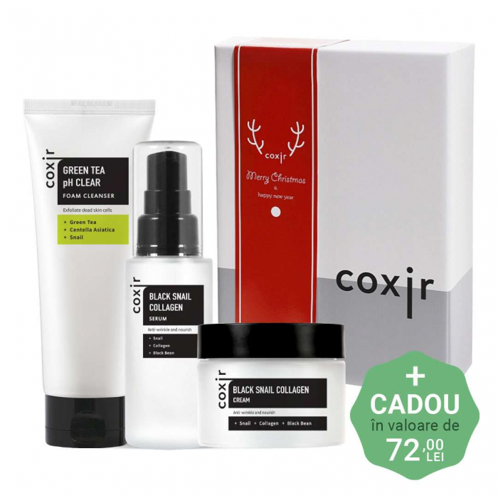 Set antirid nutritiv in 3 pasi Coxir Black Snail Collagen Ser, Crema de fata si Spuma curatare GIFT BOX