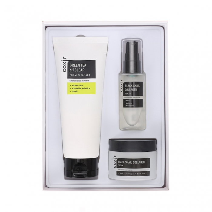 Set antirid nutritiv in 3 pasi Coxir Black Snail Collagen Ser, Crema de fata si Spuma curatare GIFT BOX [5]