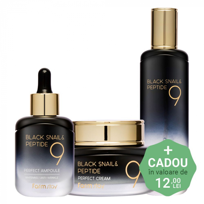 Set antirid revitalizant in 3 pasi Farmstay Black Snail Peptide 9 Perfect Toner, Ser de fata si Crema pentru fata