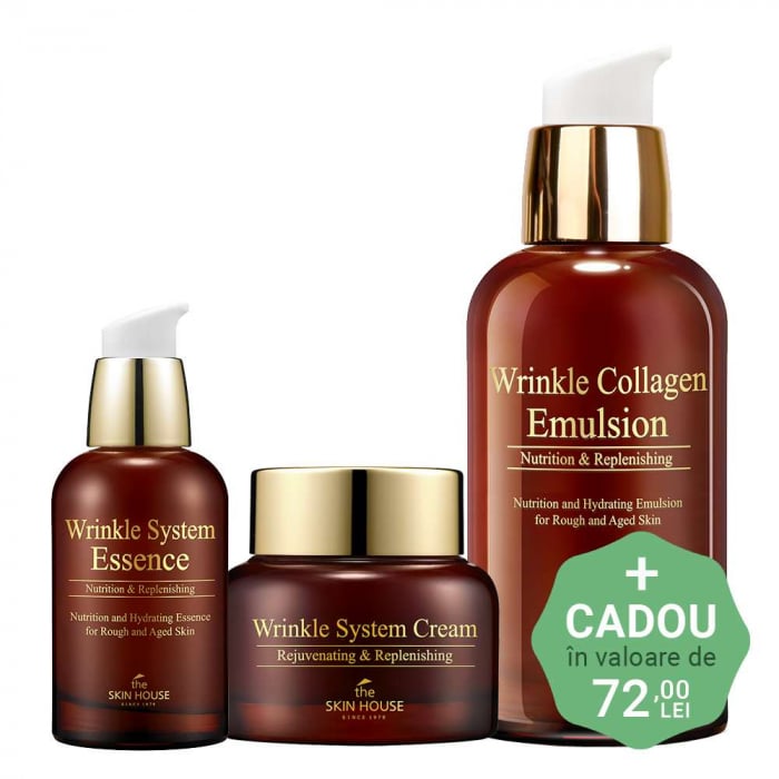 Set antirid in 3 pasi The Skin House Wrinkle System Collagen Ser, Emulsie, Crema pentru fata 50ml si CADOU